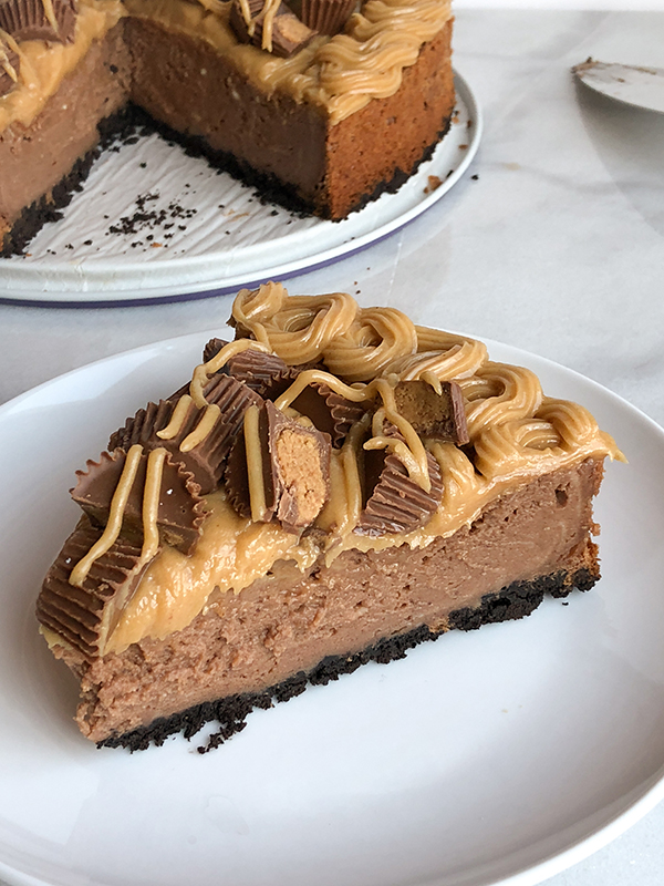 Chocolate Peanut Butter Cup Cheesecake, gluten free cheesecake slice